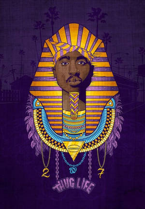 Tupac Shakur 被描繪成埃及法老，背景有「Thug Life」文字和棕櫚樹。