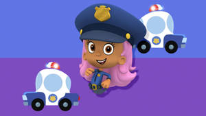 一個粉紅色頭髮的卡通女警和兩輛警車。