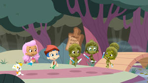 Bubble Guppies 角色走過一個有紫色樹木的彩色森林。