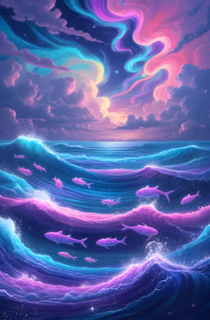 霓虹藍色和紫色海洋波浪，在漩渦宇宙天空下帶有發光魚類和星星