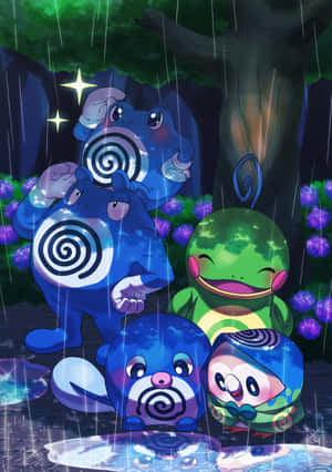 四隻有螺旋圖案嘅Pokémon夜晚喺雨中擠喺樹下。