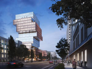 現代玻璃和銅建築在黃昏時分聳立在城市街道上，有行人和汽車。 — 建築 壁紙