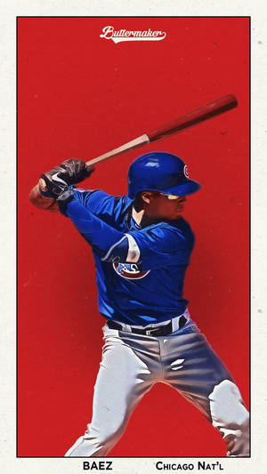 棒球運動員 Javier Baez 身穿芝加哥小熊隊球衣揮棒。