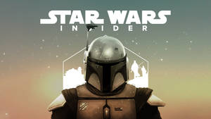 身穿盔甲的曼達洛戰士，帶有Star Wars Insider文字，背景為星空。