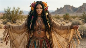 一位戴著花冠、穿著波希米亞服飾的女性在日落時分站在沙漠中。