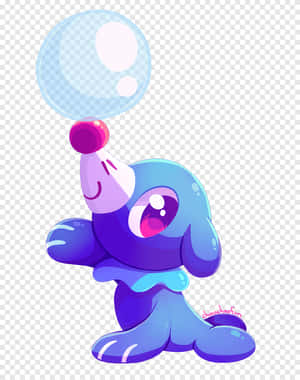 一隻藍色卡通生物，帶著開心的臉吹出一個大泡泡。