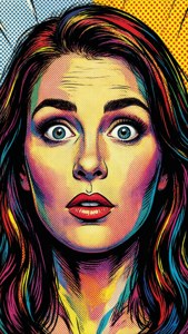 一位擁有寬大眼睛和彩色半色調陰影的女性，以漫畫風格呈現。