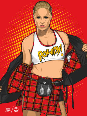一個摔角手穿著紅色格子裙和白色露臍上衣，上面有「ROWDY!」，自信地擺姿勢。