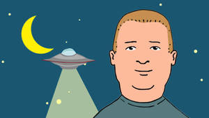 男人微笑，UFO 在新月附近照射光線 — 唯美月亮動圖 壁紙
