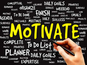 手在黑板上寫 motivate，周圍有生產力相關詞語。