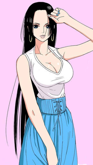長黑髮藍眼動漫女性，身穿白色上衣和藍色裙子。 — 動漫女孩 壁紙