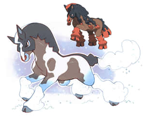 兩隻動漫風格的馬形寶可夢在雪中奔跑，帶有霜凍效果。