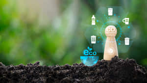 泥土中的木釘顯示全息生態符號和 CO2 中性數據。 — 行星 壁紙