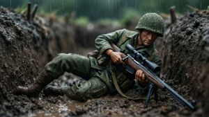 泥濘戰壕中士兵在雨中持步槍