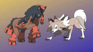 兩隻寶可夢，一匹黑馬和一隻白狼，在日落漸變背景下互相面對。