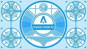 復古未來風格的太空介面，帶有藍白相間的「PLEASE STAND BY」訊息。