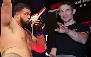 兩名男性MMA拳手，一人慶祝勝利，另一人在記者會上微笑。