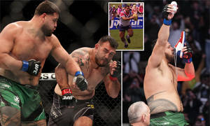 三位運動員在行動：籠中的MMA拳手、奔跑的欖球聯賽球員，以及慶祝勝利的拳手。 — 動漫打鬥 壁紙