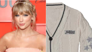 Taylor Swift 穿著粉紅色連衣裙和珠寶頭帶，旁邊是她的 folklore 專輯毛衣。
