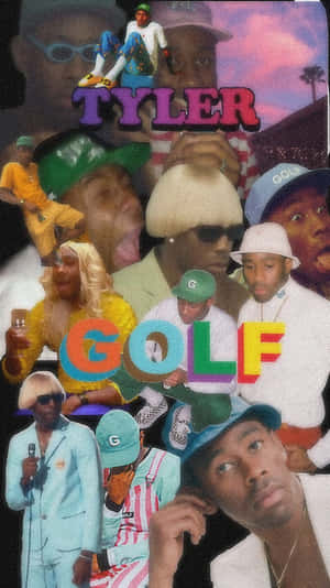 Tyler the Creator 穿著色彩繽紛服裝和姿勢的拼貼畫。