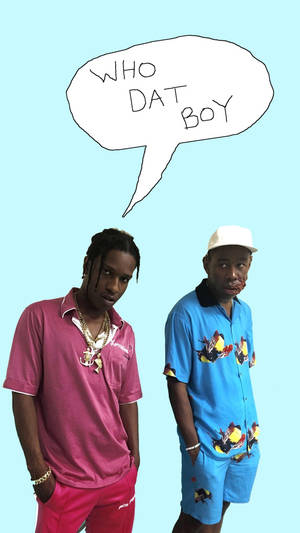 兩名身穿彩色服裝的男子，對話框寫著「WHO DAT BOY」。 — Tyler the creator GIF 壁紙