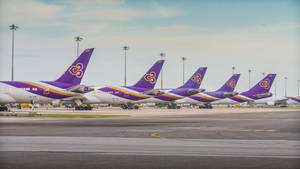 泰國航空飛機排隊停在機場停機坪