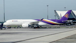 泰國航空飛機停泊在機場停機坪，靠近客運大樓。