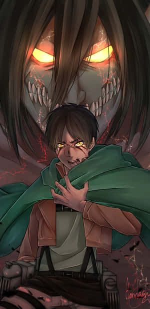 動漫男孩眼睛發光緊抓綠色斗篷，身後巨大泰坦若隱若現。