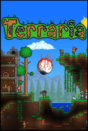 Terraria 像素遊戲場景，有浮空島嶼、樹木和天空中的一個巨大眼球。