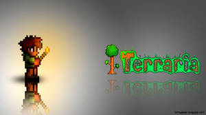 像素化 Terraria 遊戲標誌，帶有手持火炬的角色和樹木。