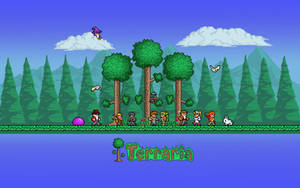Terraria 遊戲角色在森林中，有山脈和飛天女巫