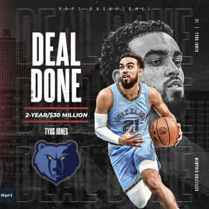 籃球運動員 Tyus Jones 身穿孟菲斯灰熊隊制服運球，帶有「Deal Done」文字疊加。