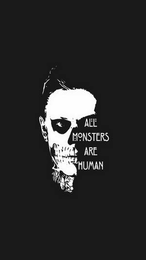 一個分割臉圖形，顯示人類一側和骷髏一側，帶有文字「All Monsters Are Human」。 — 鬼滅之刃面具 壁紙