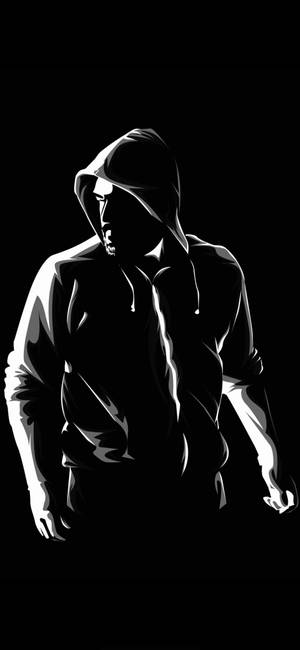 一個戴著兜帽的人物剪影，在黑色背景上帶有明亮的高光。