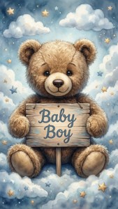 一隻泰迪熊在星空和雲朵中舉著「Baby Boy」牌子。