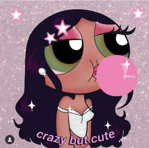 卡通女孩吹粉紅色泡泡糖，帶有閃光和文字 crazy but cute。