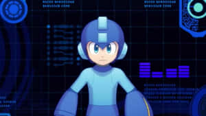 藍色機械人角色Mega Man在數碼控制面板前。