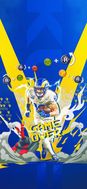 足球運動員奔跑，帶有遊戲控制器按鈕和「GAME OVER」文字。 — iPhone 13 Pro Max 壁紙
