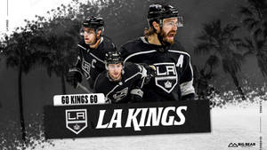 三名洛杉磯國王隊冰球運動員在棕櫚樹背景下，手持 'GO KINGS GO' 橫幅慶祝。 — 洛杉磯 GIF 壁紙