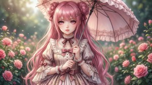 粉紅髮動漫女孩穿蕾絲裙持陽傘在玫瑰園