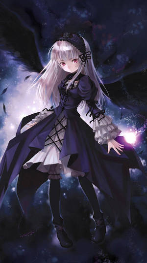 淺色頭髮和深色連衣裙的動漫女孩，在繁星宇宙空間中漂浮，帶有發光的翅膀。 — 可愛動漫女仔 壁紙