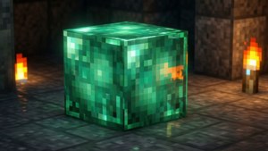 在火炬照亮的Minecraft地牢中的一個發光綠色鑽石方塊。