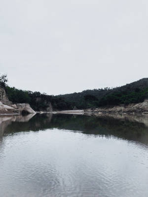寧靜的河流映照著灰色的天空和森林覆蓋的山丘。