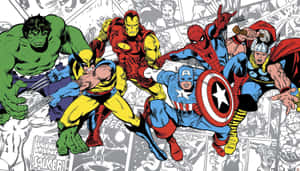 經典漫畫超級英雄在漫畫面板背景下擺出動作姿勢。