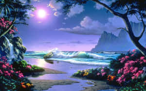 熱帶海灘日落粉紅色花朵海浪山脈 — 夢境 GIF 壁紙