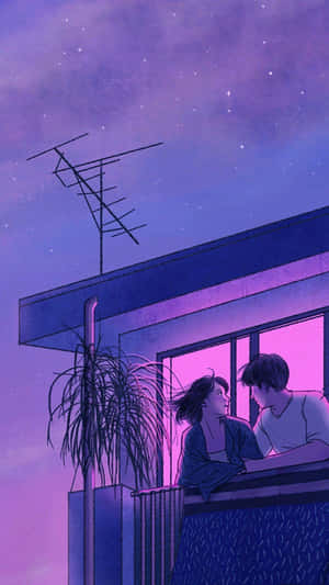 一對情侶在陽台上凝視著繁星點點的紫色夜空。 — 可愛動漫女仔 壁紙
