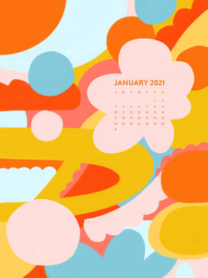 2021年1月日曆被色彩繽紛的抽象形狀和柔軟的雲朵狀形態包圍。