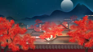 傳統日本建築在滿月下，被發光的紅楓樹環繞。