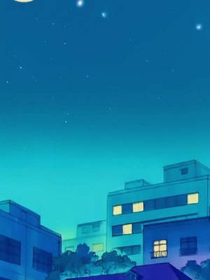 動漫風格的城市建築在夜晚，發光的窗戶在星空下。