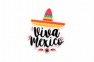 Viva Mexico 貼紙，帶有闊邊帽和花朵，背景為方格紙。